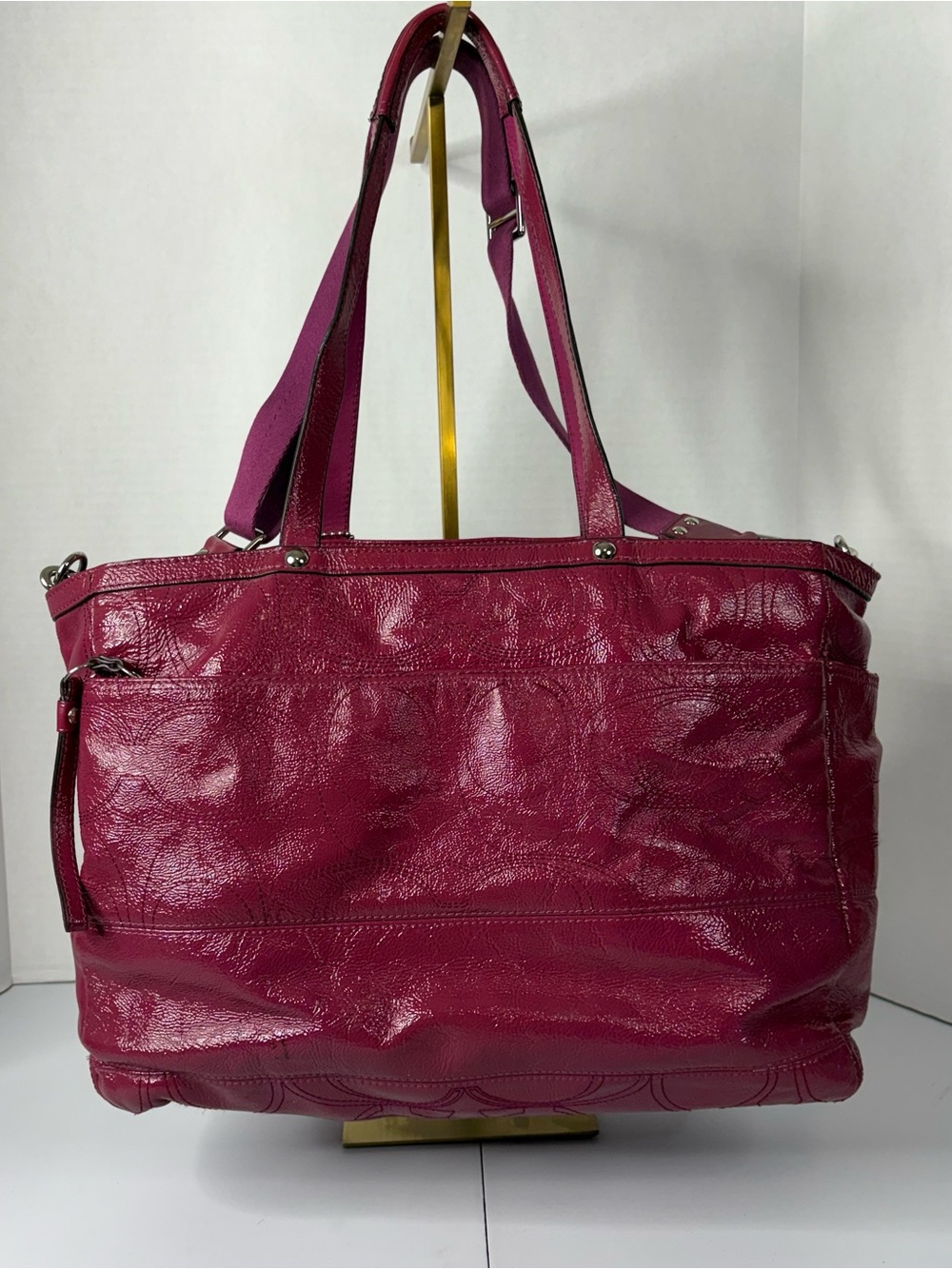 Y2K Coach Fuchsia Patent Leather Diaper Bag Detachable Long Strap & Changing Pad - Picture 2 of 16